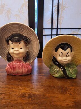 Set of 2 50s Royal Copley Asian Oriental Girl and Boy Wall Pocket Planters